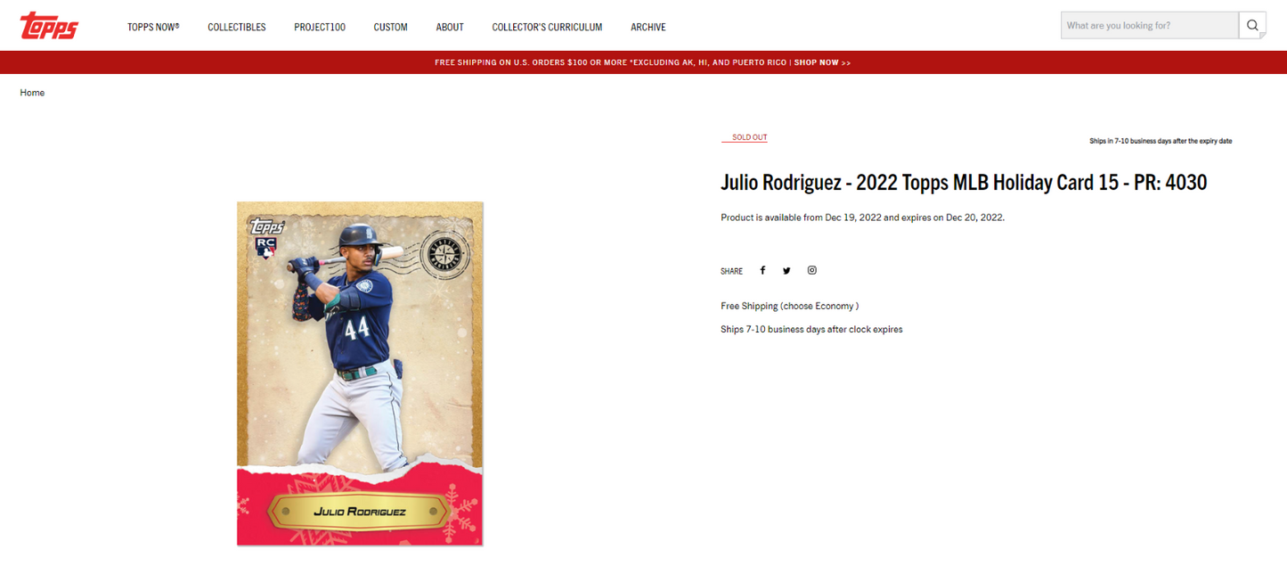 2022 Topps Holiday JULIO RODRIGUEZ MLB Seattle Mariners SP Rookie RC #15