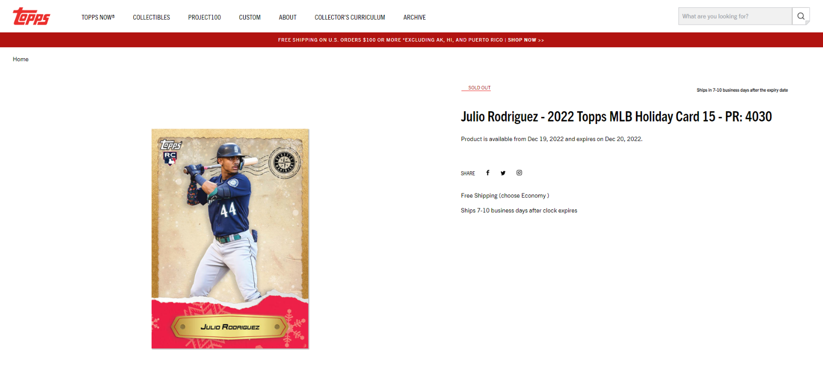 2022 Topps Holiday JULIO RODRIGUEZ MLB Seattle Mariners SP Rookie RC #15