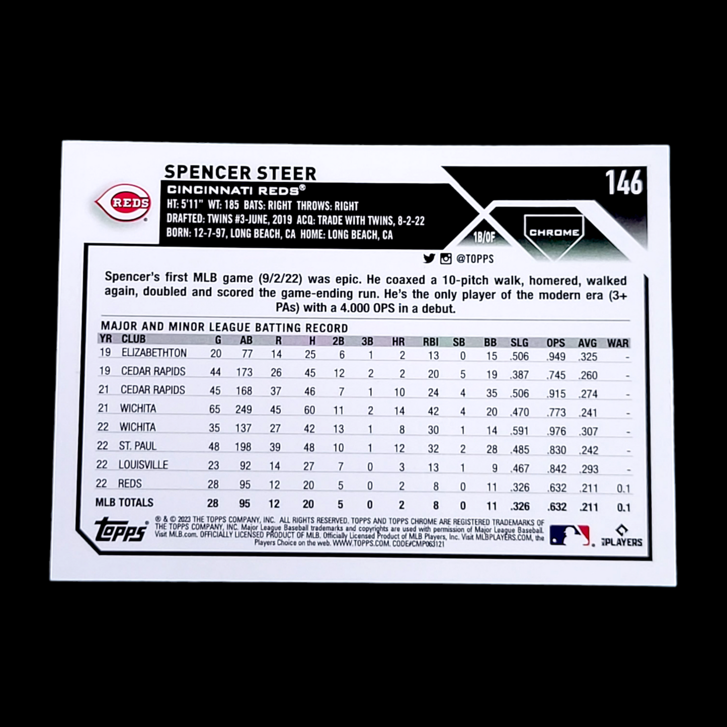 2023 Topps Chrome SPENCER STEER MLB Cincinnati Reds Flagship Rookie Card RC #146
