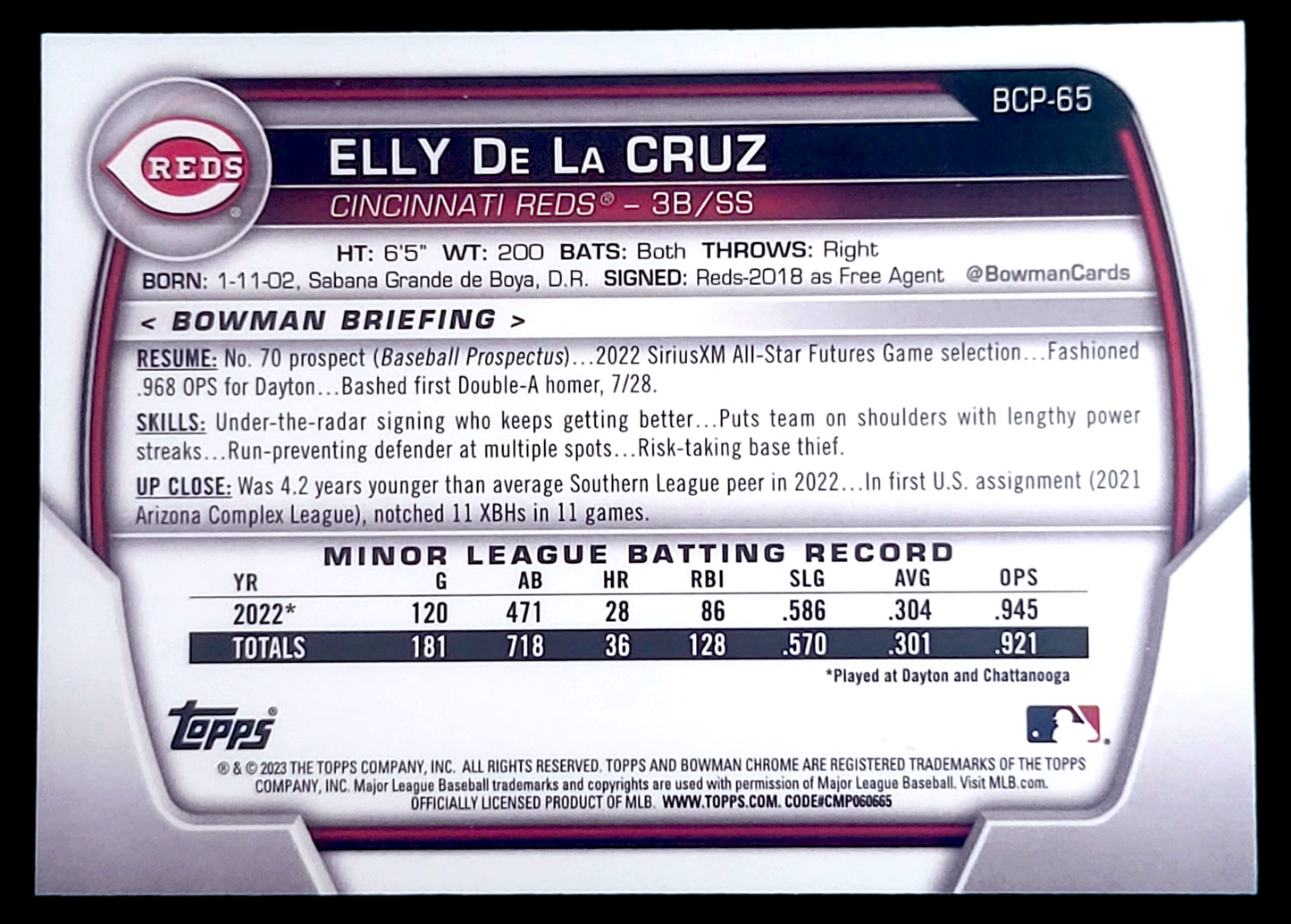 2023 Bowman Chrome ELLY DE LA CRUZ MLB Cincinnati Reds Rookie Prospect #BCP-65