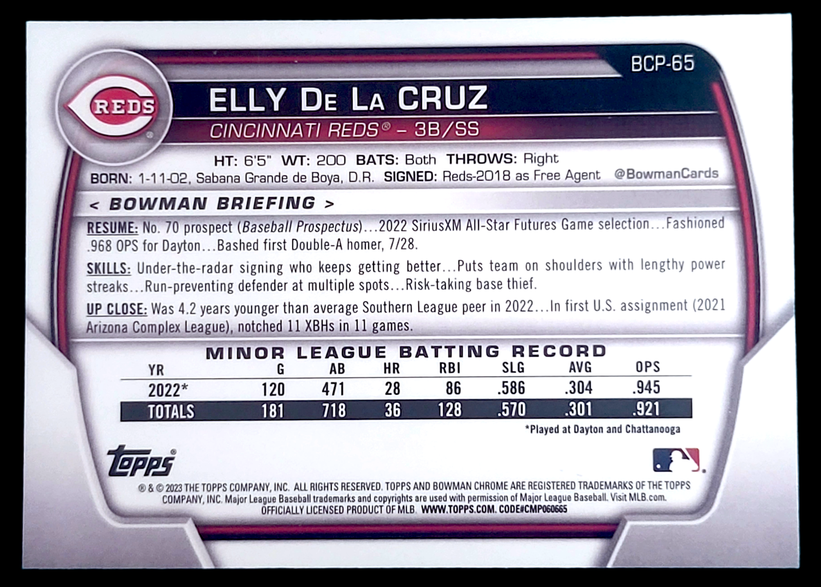 2023 Bowman Chrome ELLY DE LA CRUZ MLB Cincinnati Reds Rookie Prospect #BCP-65