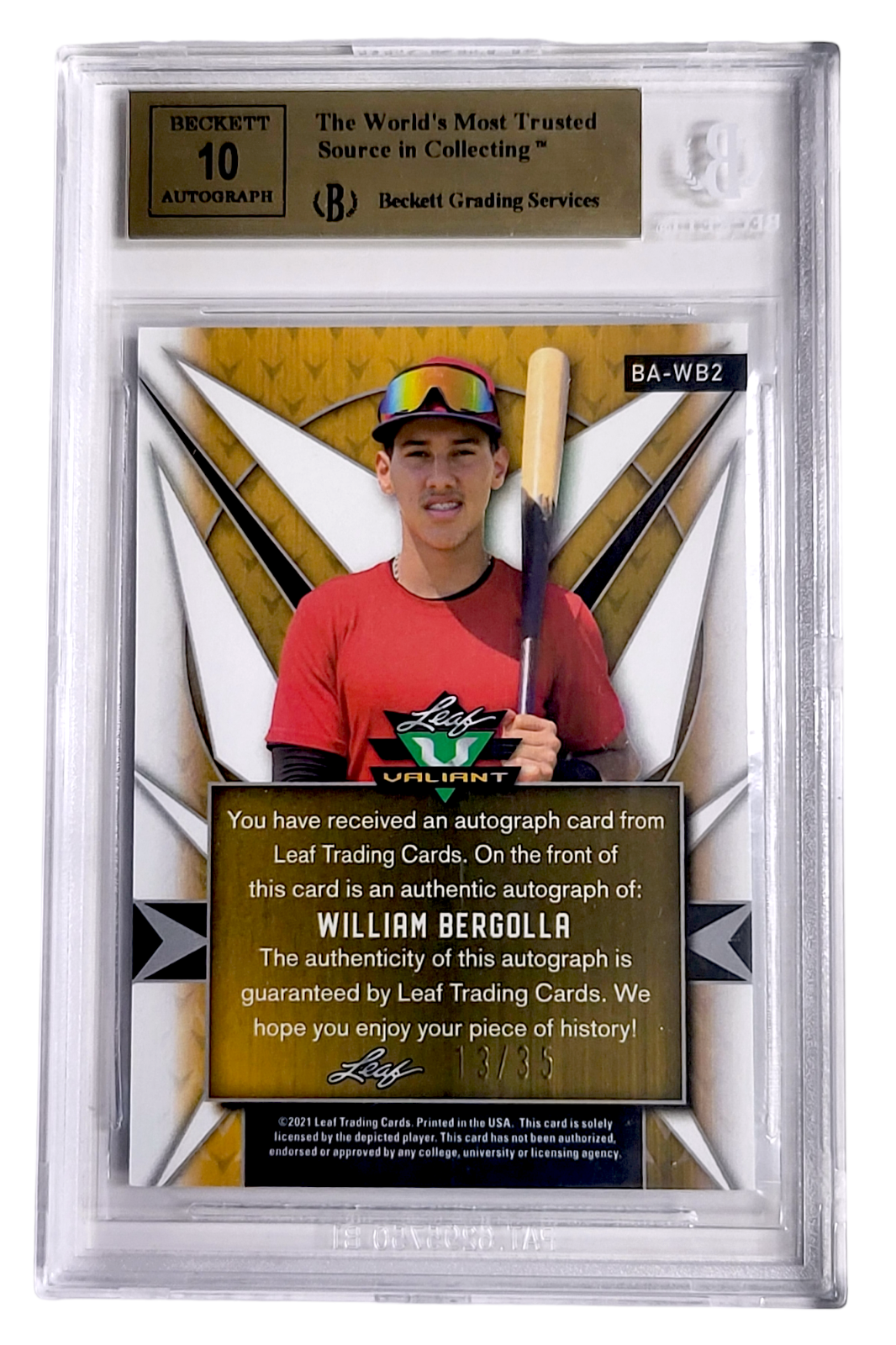 2021 Leaf Valiant WILLIAM BERGOLLA MLB Phillies Rookie Blue Auto /35 BGS 9.5