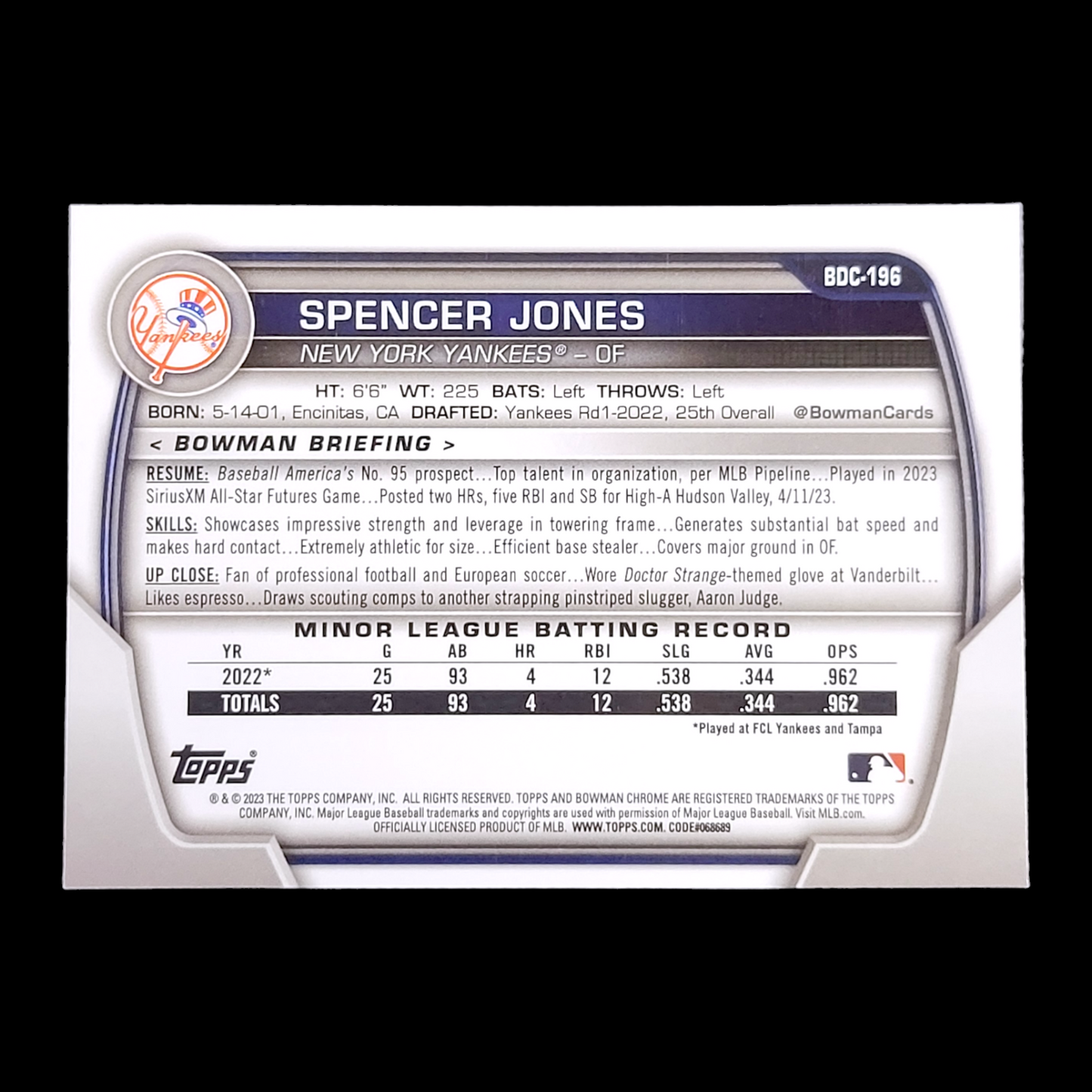 2023 Bowman Draft Sapphire SPENCER JONES Yankees Rookie Prospect Card #BDC-196