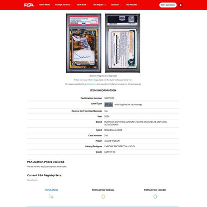 2024 Bowman Chrome Sapphire JACOB WILSON SP Gold Refractor Auto /50 RC PSA 10
