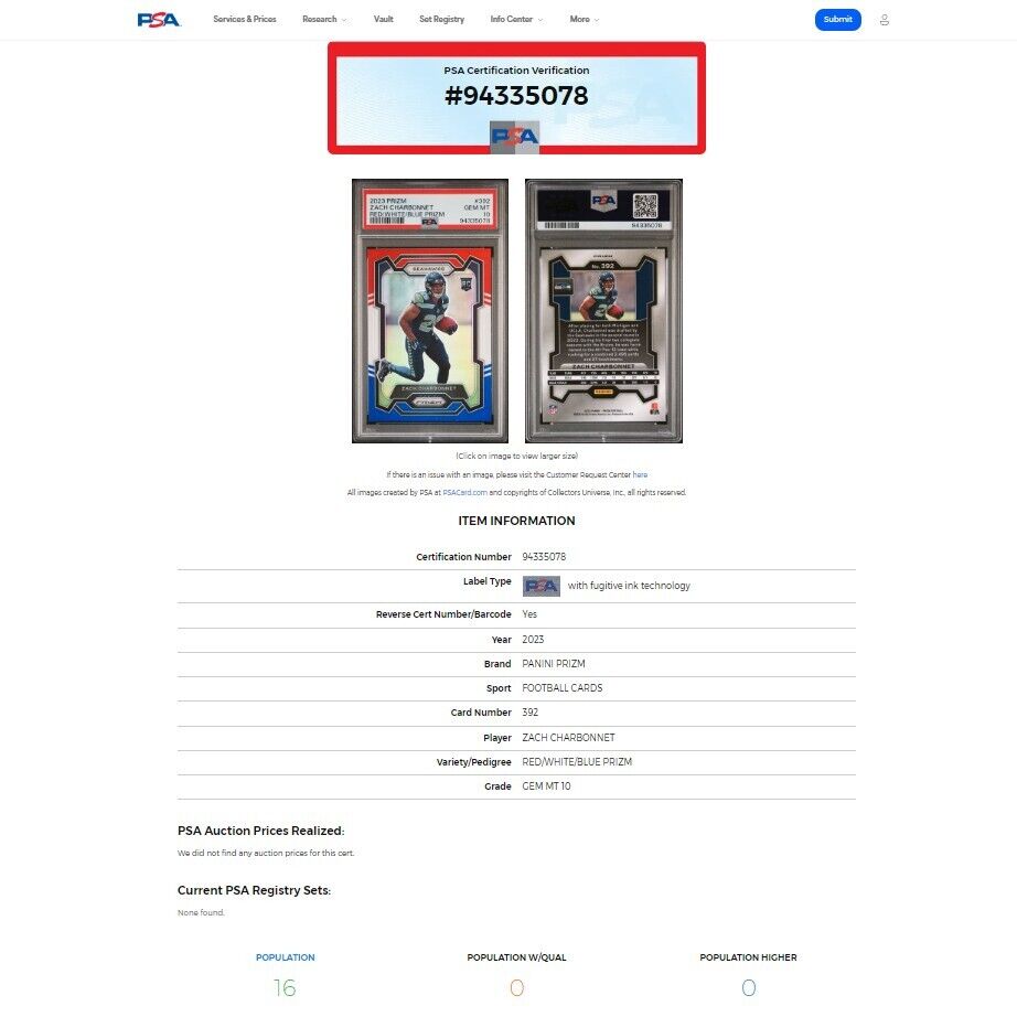 2023 Panini Prizm ZACH CHARBONNET Red White Blue RWB PRIZM RC PSA 10 GEM