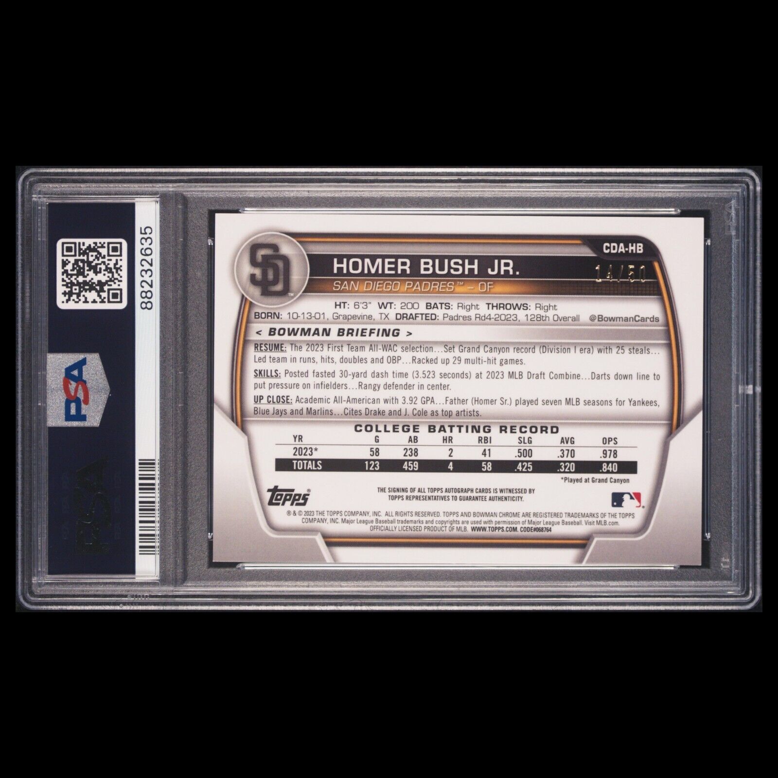 2023 Bowman Draft 1st HOMER BUSH JR. SP Gold Wave Refractor Auto /50 PSA 10