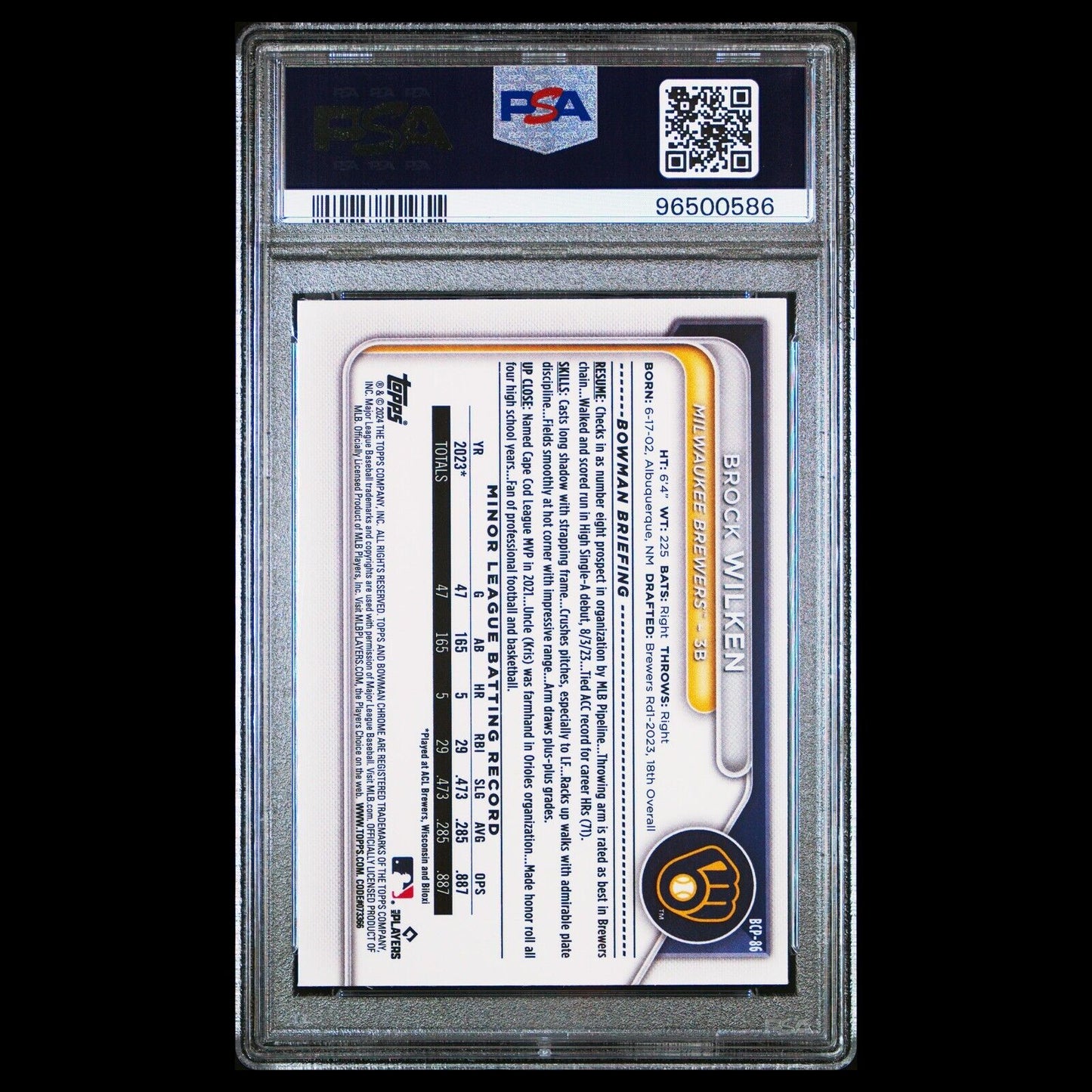 2024 Bowman Chrome BROCK WILKEN SP 1st True Bowman Mojo Refractor RC PSA 10