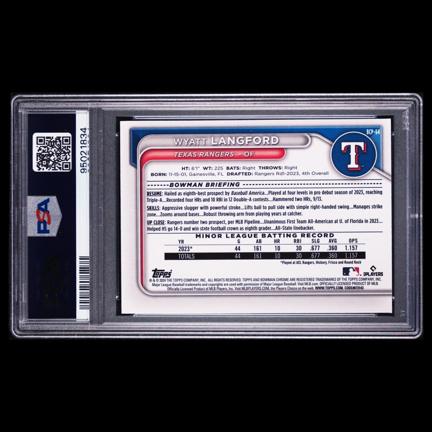 2024 Bowman Chrome Sapphire WYATT LANGFORD Blue Sapphire Refractor RC PSA 9 MINT