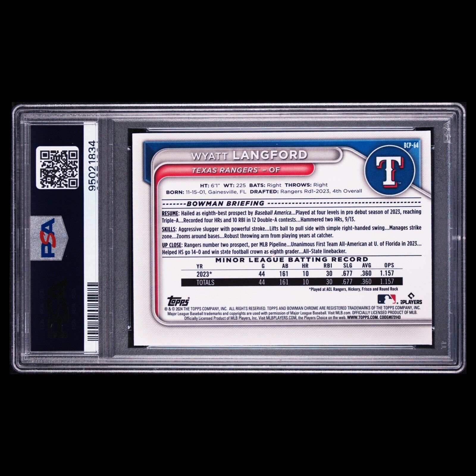 2024 Bowman Chrome Sapphire WYATT LANGFORD Blue Sapphire Refractor RC PSA 9 MINT