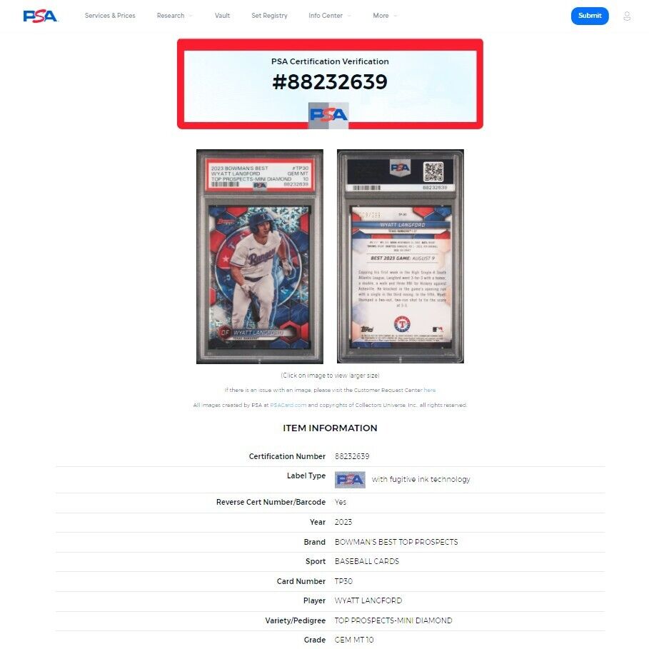 2023 Bowman's Best WYATT LANGFORD SP Mini Diamonds Refractor RC /299 PSA 10 GEM