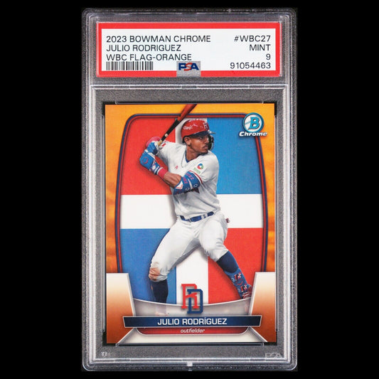 2023 Bowman Chrome JULIO RODRIGUEZ WBC Flag SSP True Orange Refractor /25 PSA 9