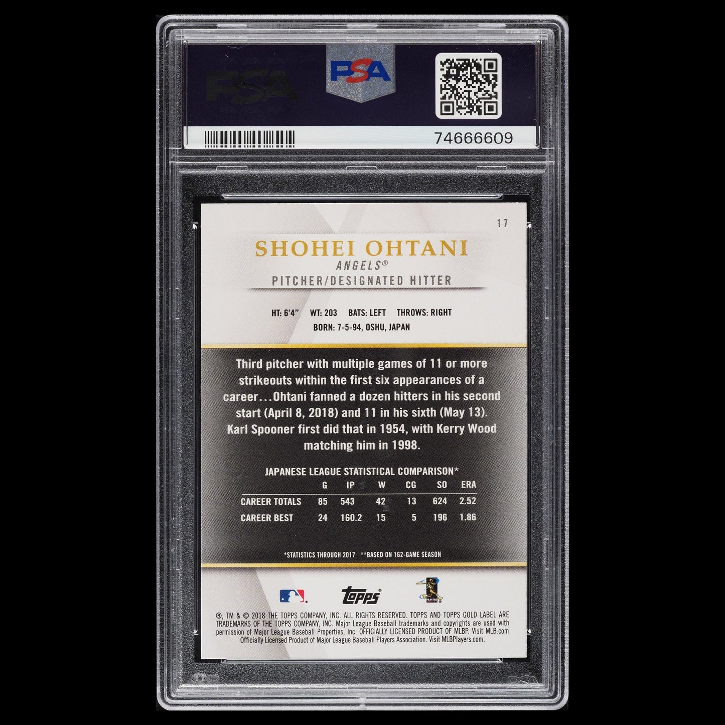 2018 Topps Gold Label SHOHEI OHTANI SP Class 3 Rookie Card RC PSA 10 GEM #17