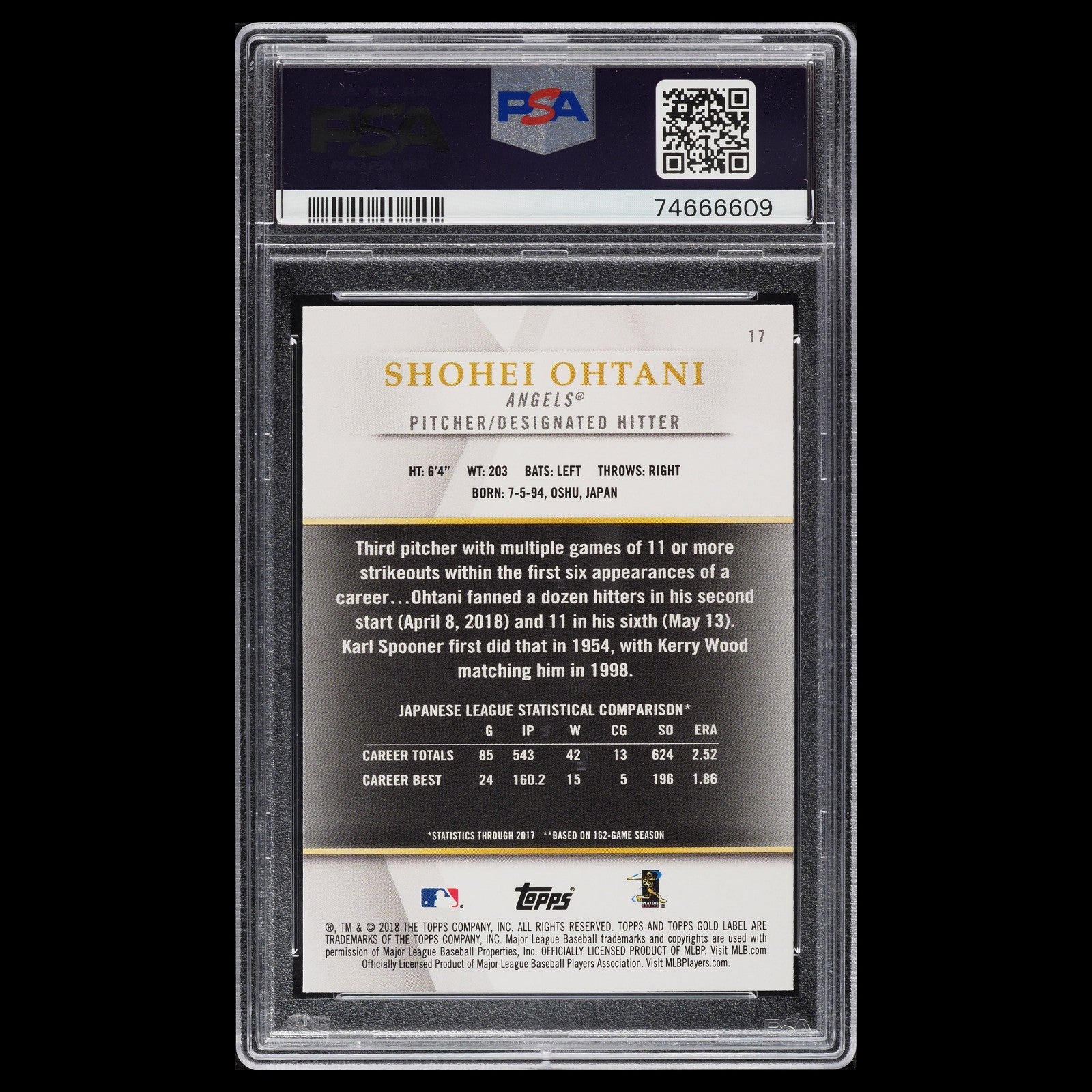 2018 Topps Gold Label SHOHEI OHTANI SP Class 3 Rookie Card RC PSA 10 GEM #17