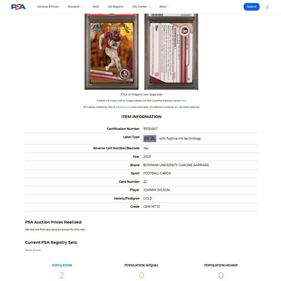 2023 Bowman Chrome U Sapphire JOHNNY WILSON 1st SP Gold Refractor PSA 10 GEM