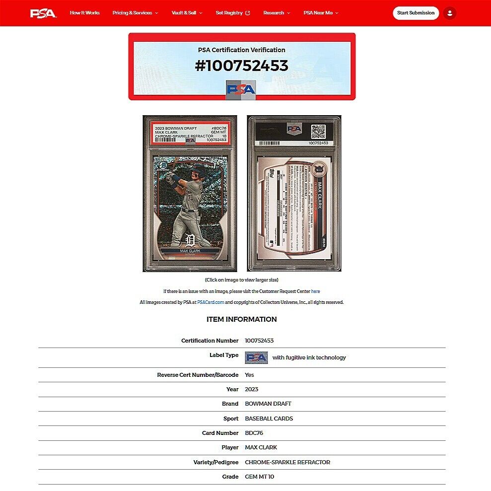 2023 Bowman Draft Chrome MAX CLARK 1st SP Sparkle Refractor Rookie RC PSA 10 GEM