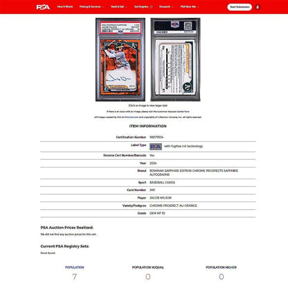 2024 Bowman Chrome Sapphire JACOB WILSON SSP Orange On-Card Auto /25 RC PSA 10