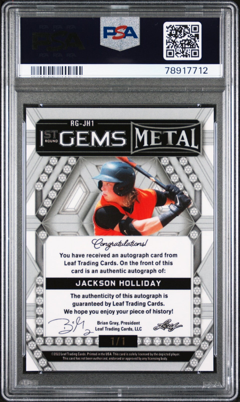 2022 Leaf Metal 1st Round Gems JACKSON HOLIDAY Mojo Auto 1/1 RC PSA 9 MINT