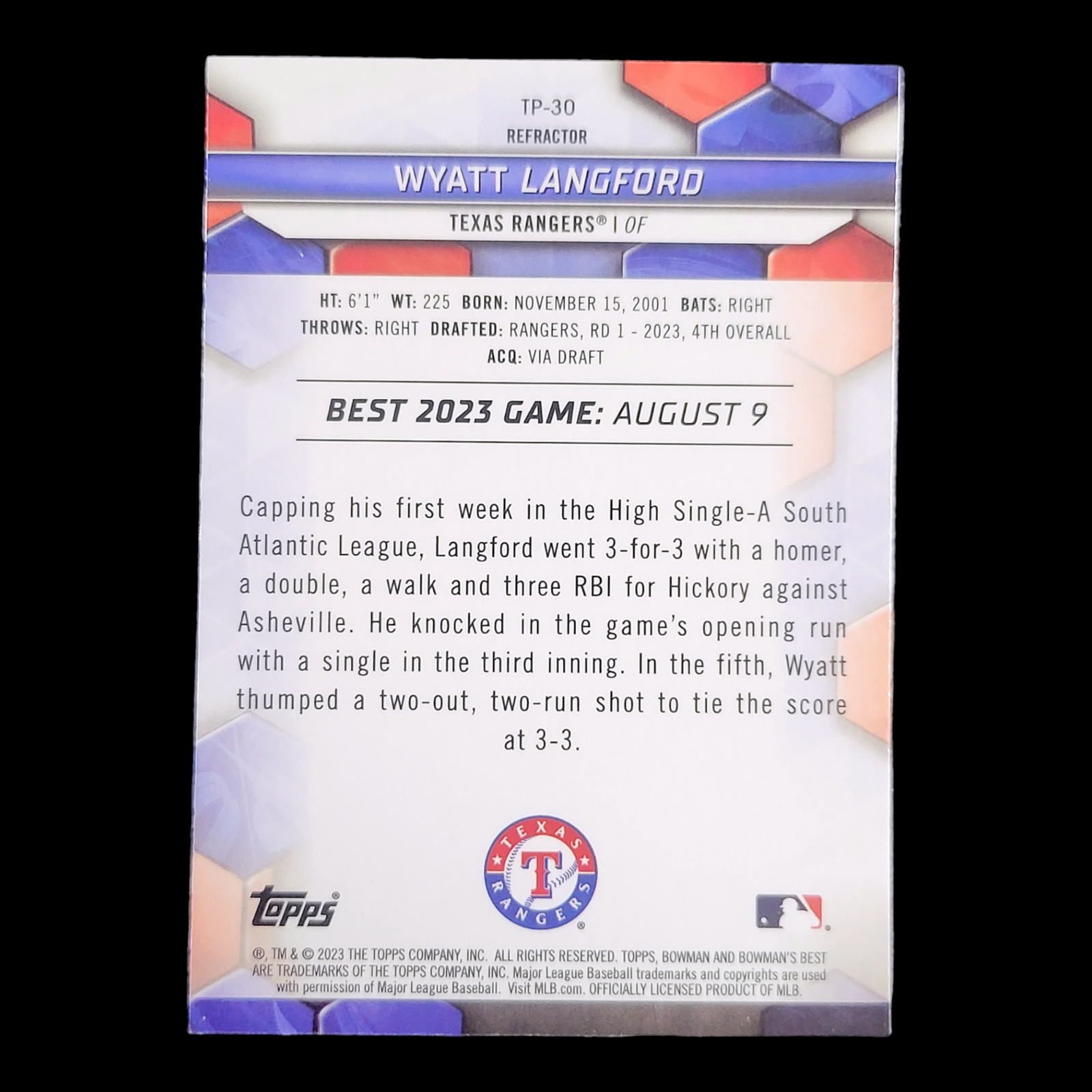2023 Bowman's Best WYATT LANGFORD Rangers Silver Refractor Rookie Card RC #TP-30