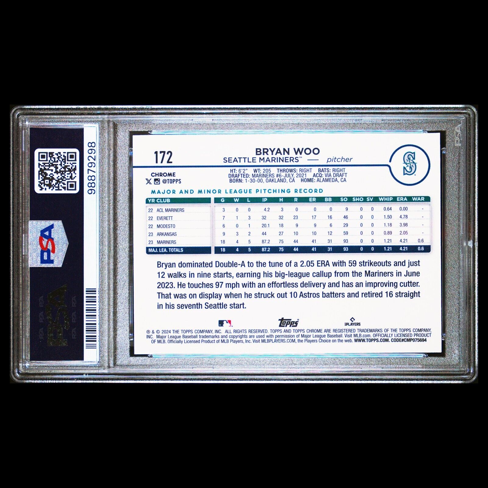 2024 Topps Chrome BRYAN WOO Aqua Lava Refractor Rookie Card RC #172 PSA 10 GEM