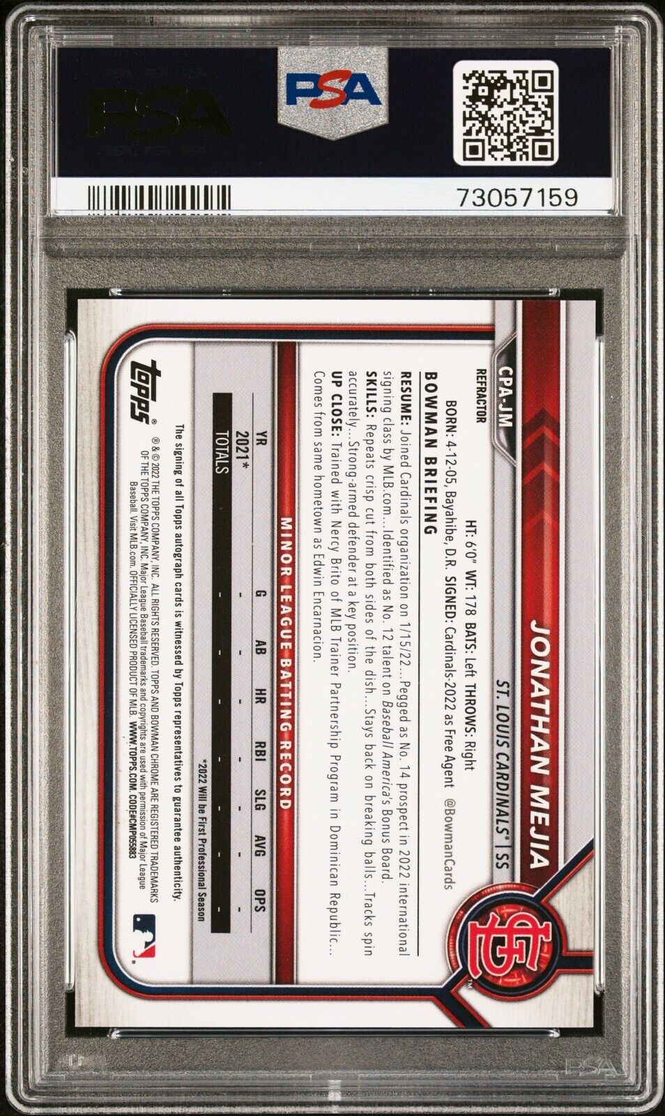 2022 1st Bowman Chrome Prospects JONATHAN MEJIA MLB Refractor Auto /499 PSA 9