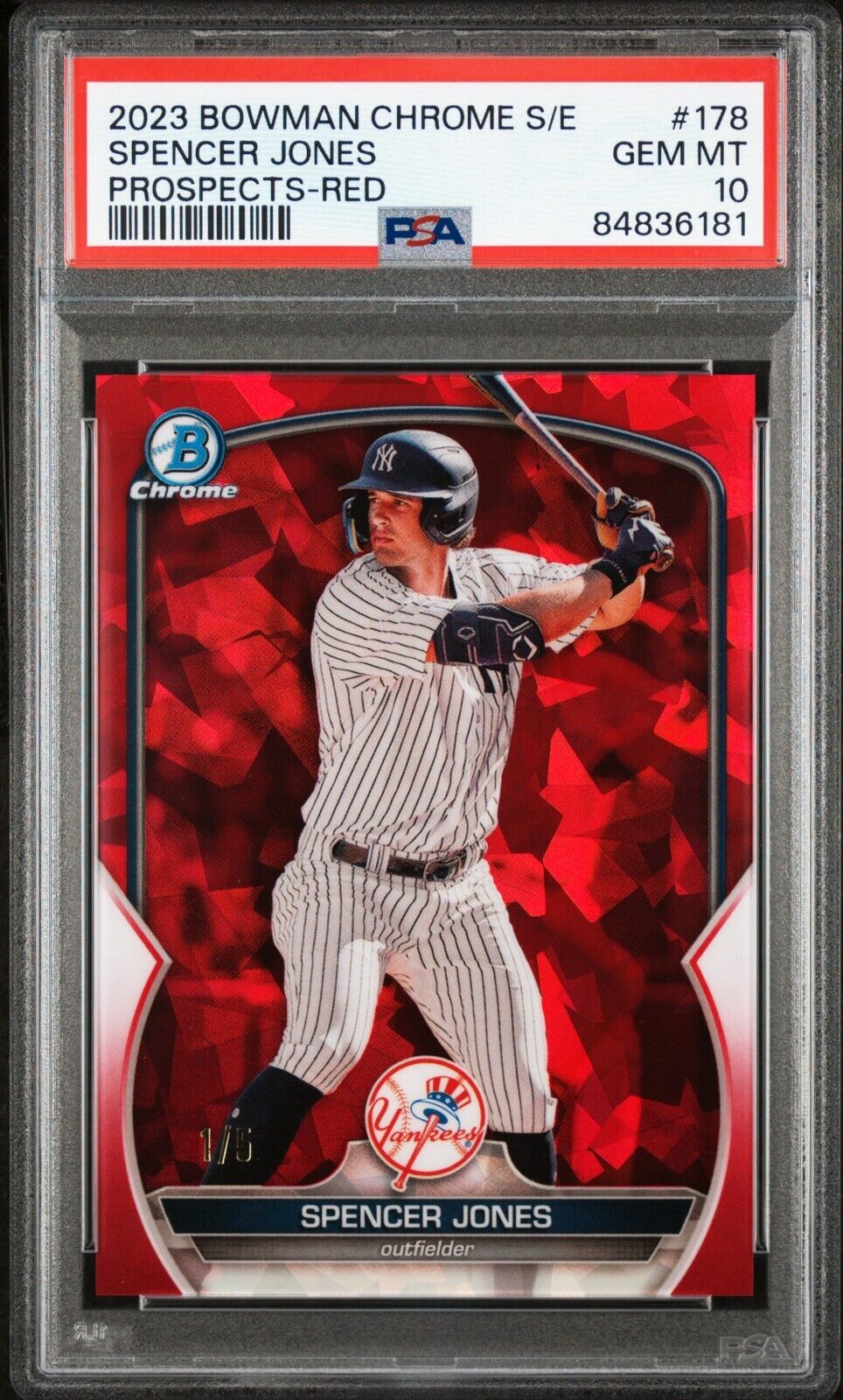 2023 Bowman Chrome Sapphire SPENCER JONES Yankees Red SSP RC 1/5 PSA 10 POP 1