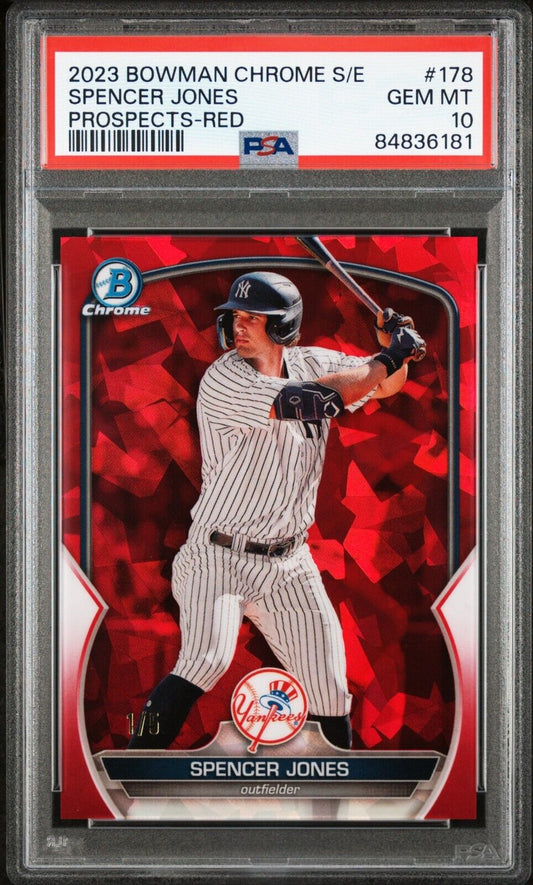 2023 Bowman Chrome Sapphire SPENCER JONES Yankees Red SSP RC 1/5 PSA 10 POP 1