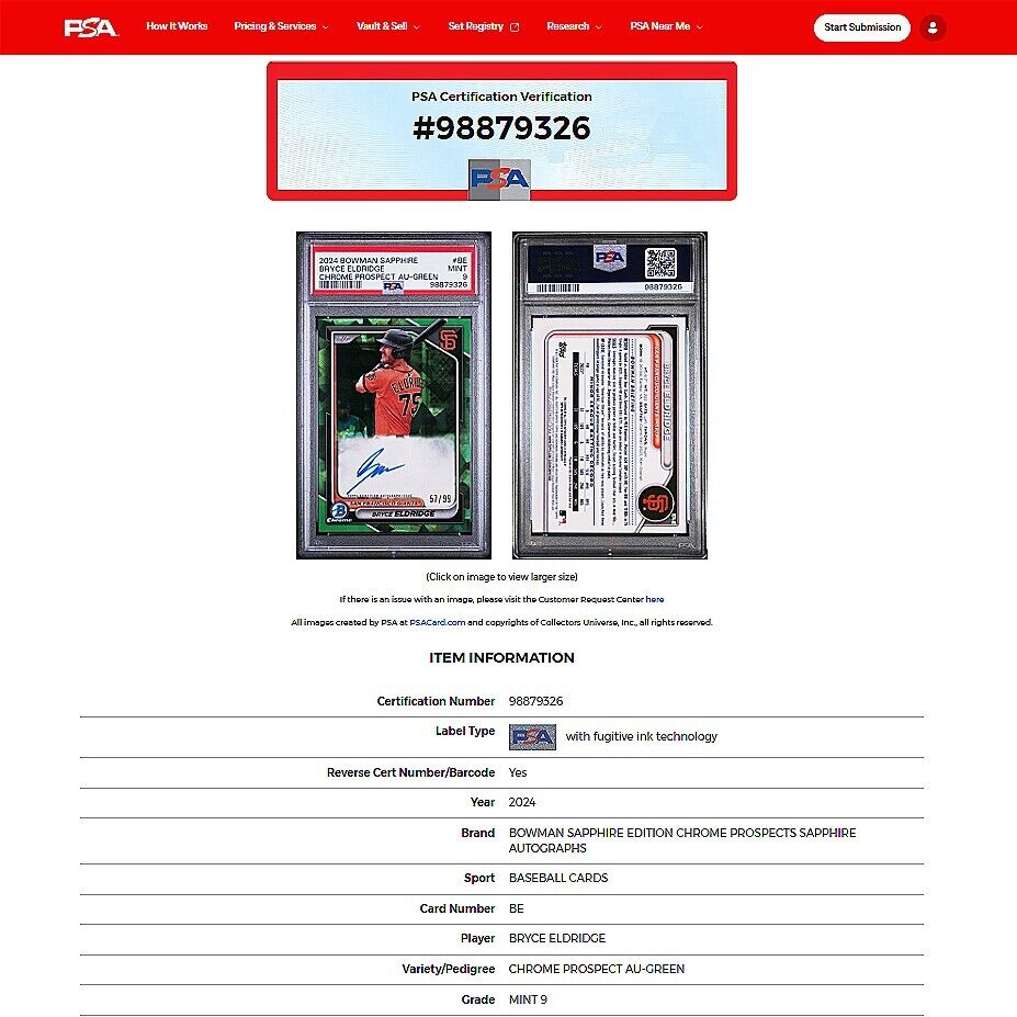 2024 Bowman Sapphire BRYCE ELDRIDGE SP Green Refractor On Card Auto /99 PSA 9