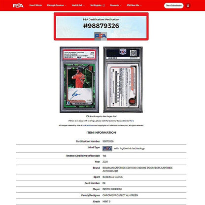 2024 Bowman Sapphire BRYCE ELDRIDGE SP Green Refractor On Card Auto /99 PSA 9