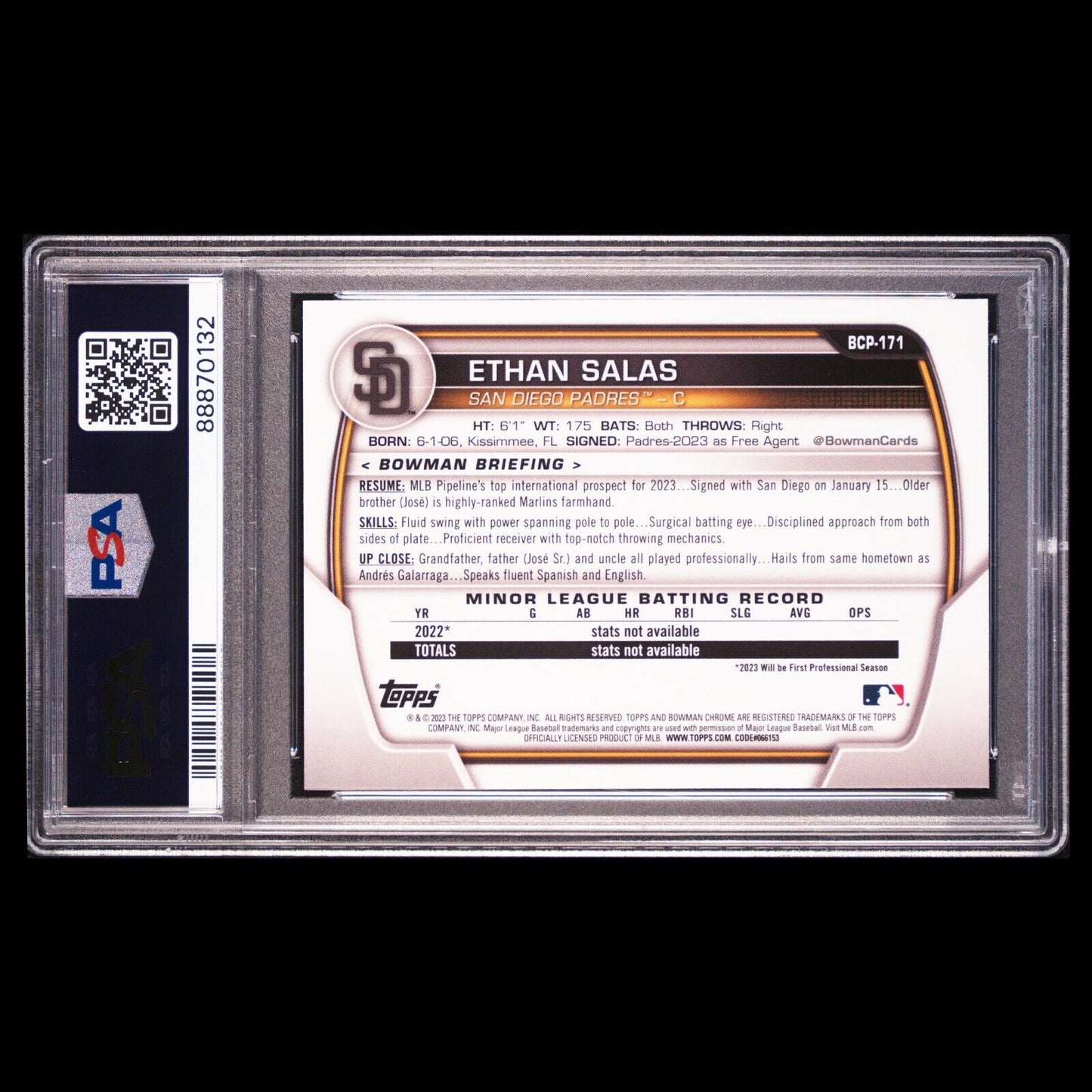 2023 Bowman Chrome Sapphire ETHAN SALAS Blue Refractor Rookie Card RC PSA 9