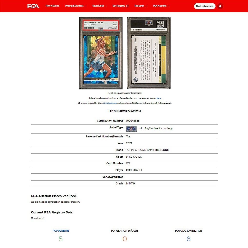 2024 Topps Chrome Sapphire Tennis COCO GAUFF Blue Refractor  PSA 9 MINT