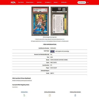 2024 Topps Chrome Sapphire Tennis COCO GAUFF Blue Refractor  PSA 9 MINT