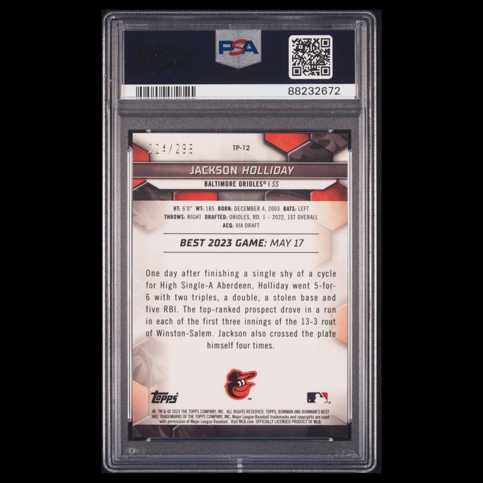 2023 Bowman's Best JACKSON HOLLIDAY SSP Mini Diamonds Refractor /299 RC PSA 10
