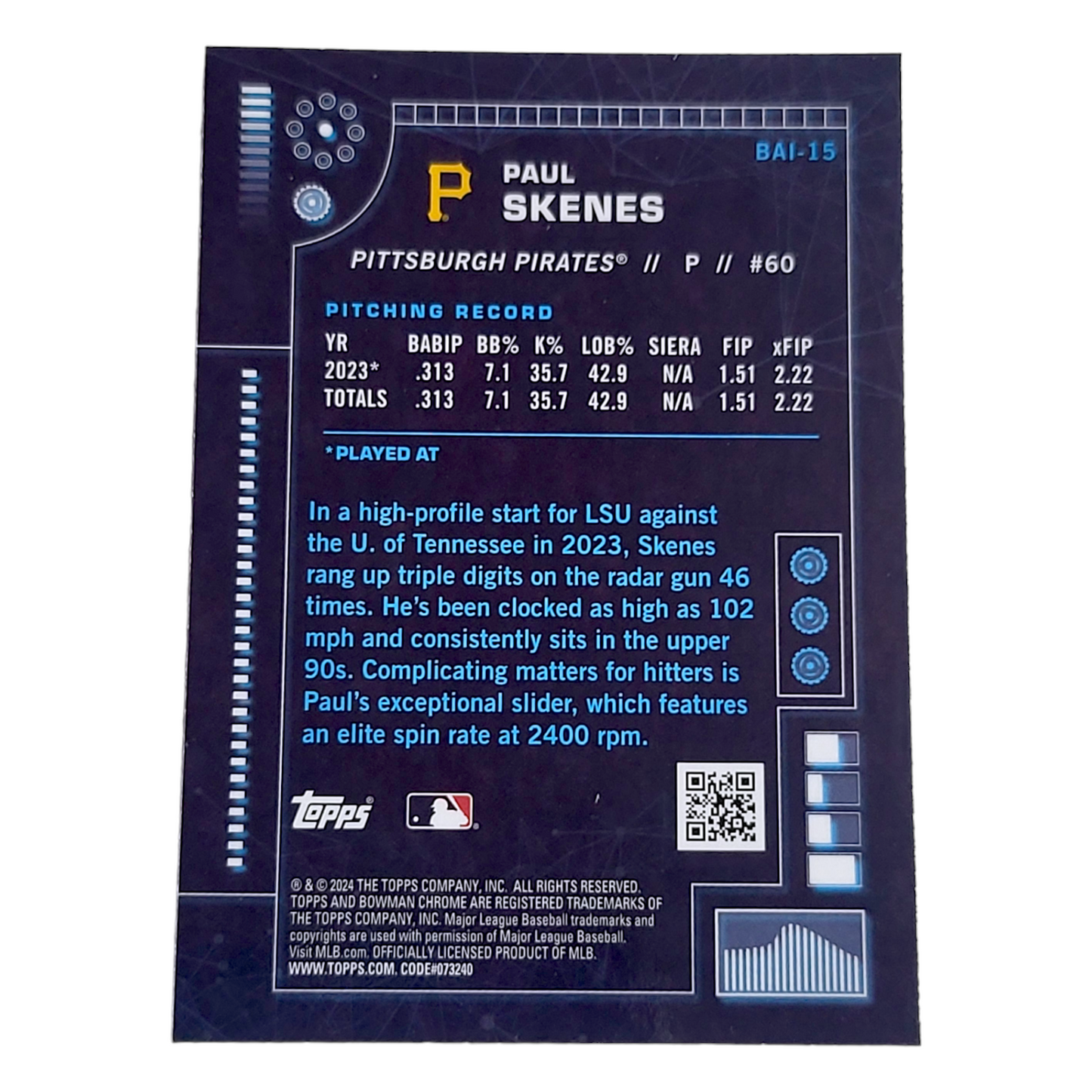 2024 Bowman Chrome PAUL SKENES AI Silver Refractor Rookie Card RC #BAI-15