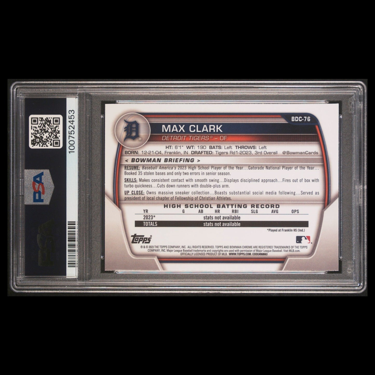 2023 Bowman Draft Chrome MAX CLARK 1st SP Sparkle Refractor Rookie RC PSA 10 GEM