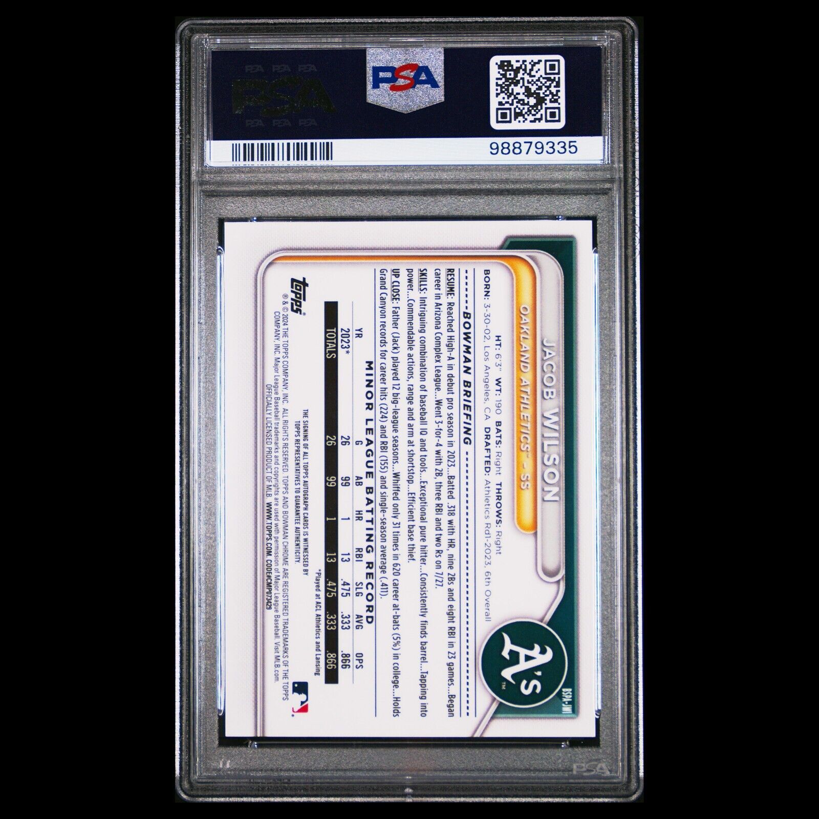 2024 Bowman Chrome Sapphire JACOB WILSON SP Gold Refractor Auto /50 RC PSA 10