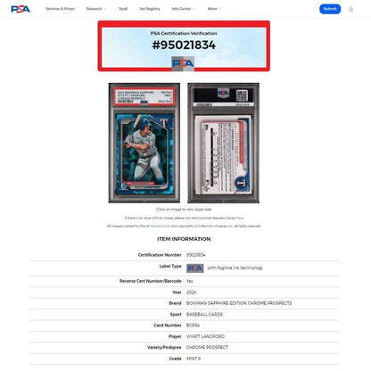 2024 Bowman Chrome Sapphire WYATT LANGFORD Blue Sapphire Refractor RC PSA 9 MINT