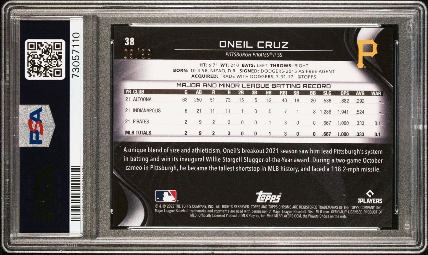 2022 Topps Chrome Black ONEIL CRUZ MLB Green Refractor Rookie RC /99 PSA 8