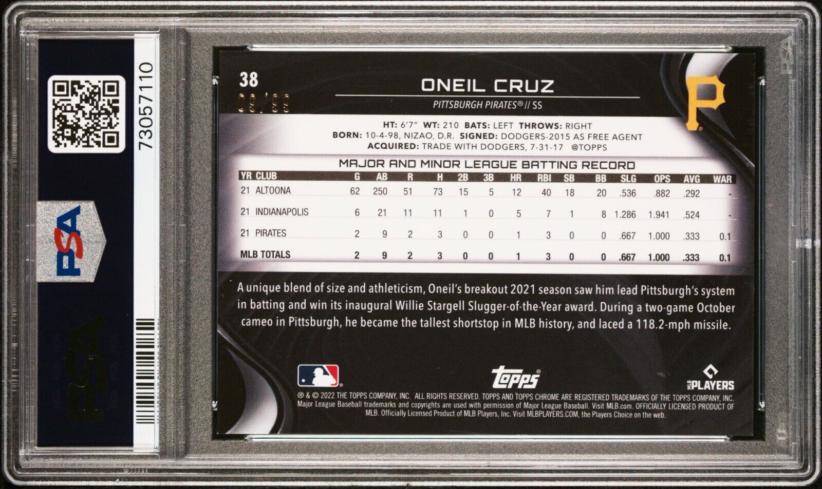 2022 Topps Chrome Black ONEIL CRUZ MLB Green Refractor Rookie RC /99 PSA 8