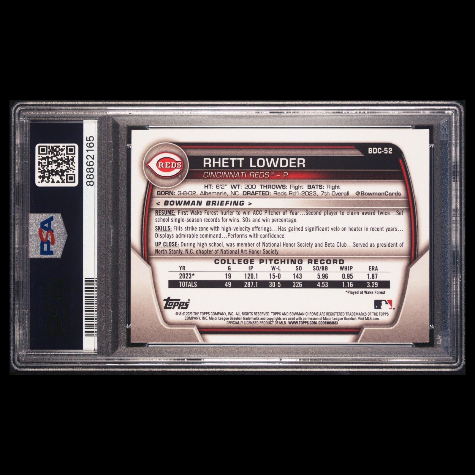 2023 Bowman Draft Sapphire RHETT LOWDER 1st True Bowman Rookie Card RC PSA 10