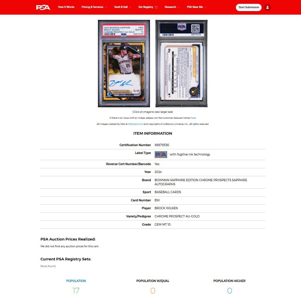 2024 Bowman Chrome Sapphire BROCK WILKEN SP 1st Gold Refractor Auto /50 PSA 10