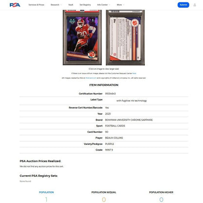 2023 Bowman Chrome U Sapphire BEAUX COLLINS 1st SSP Purple Refractor /10 PSA 9
