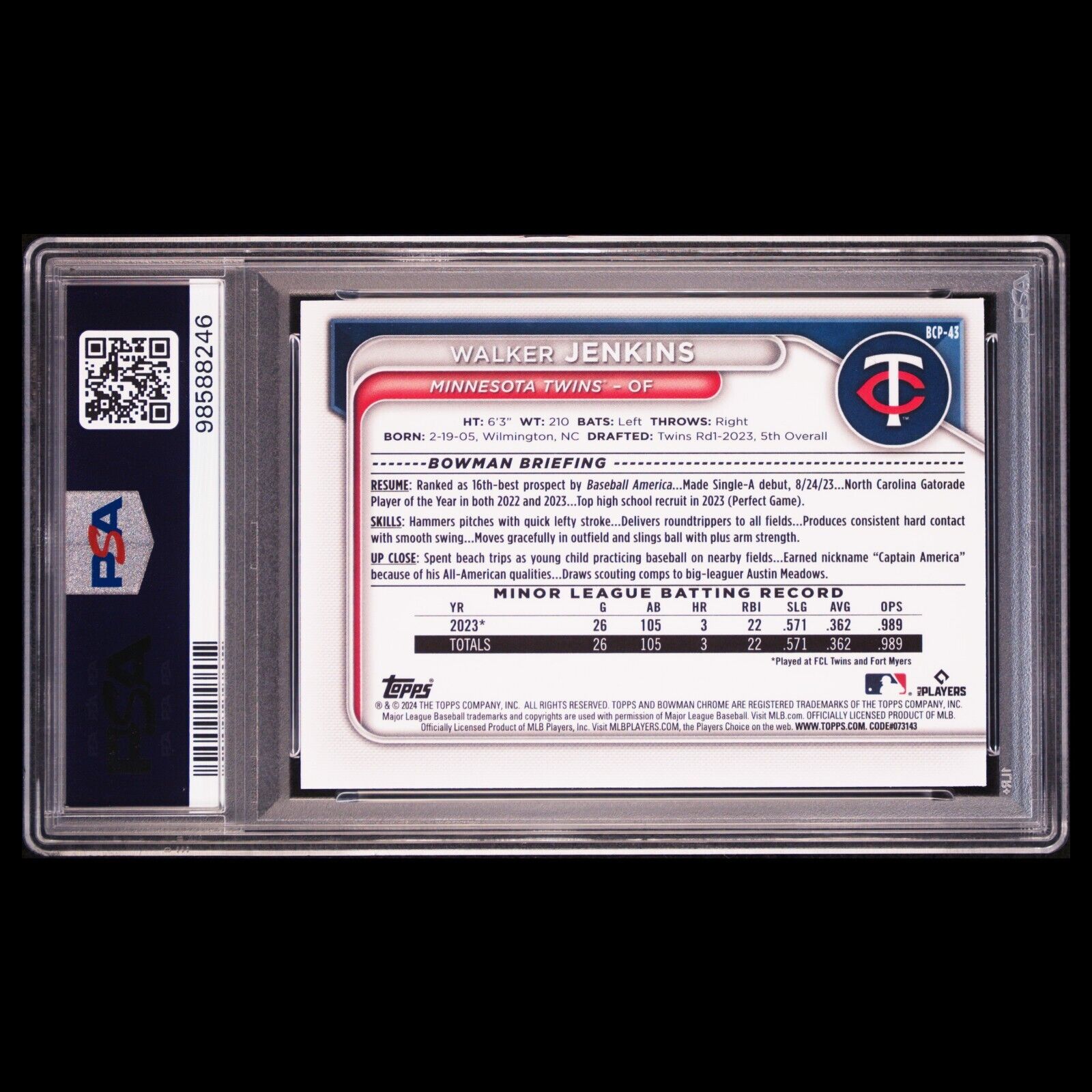 2024 Bowman Chrome Sapphire WALKER JENKINS 1st Bowman Refractor Rookie RC PSA 9
