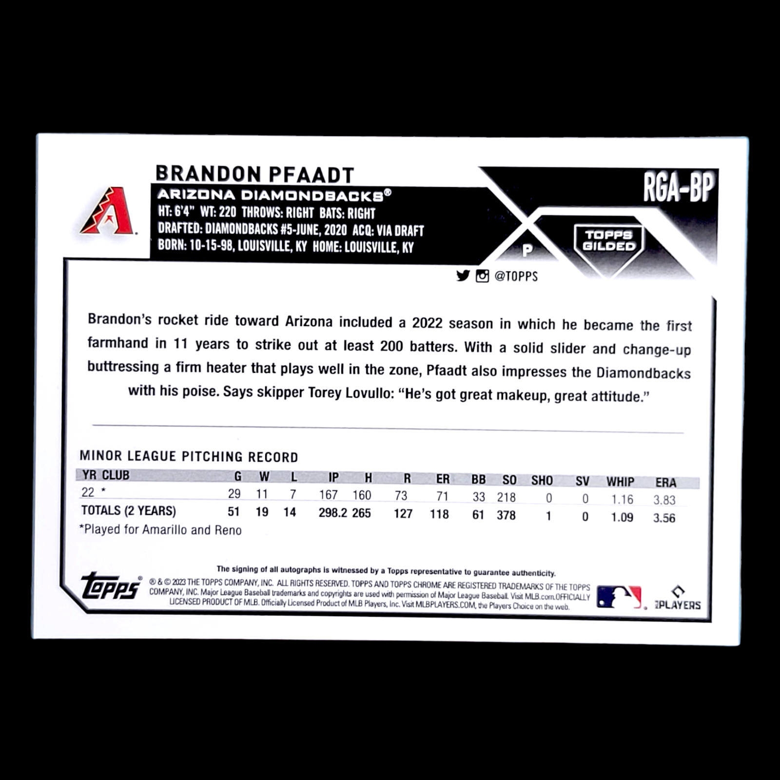2023 Topps Gilded BRANDON PFAADT Cast In Gold Rookie Refractor Auto /199 #RGA-BP