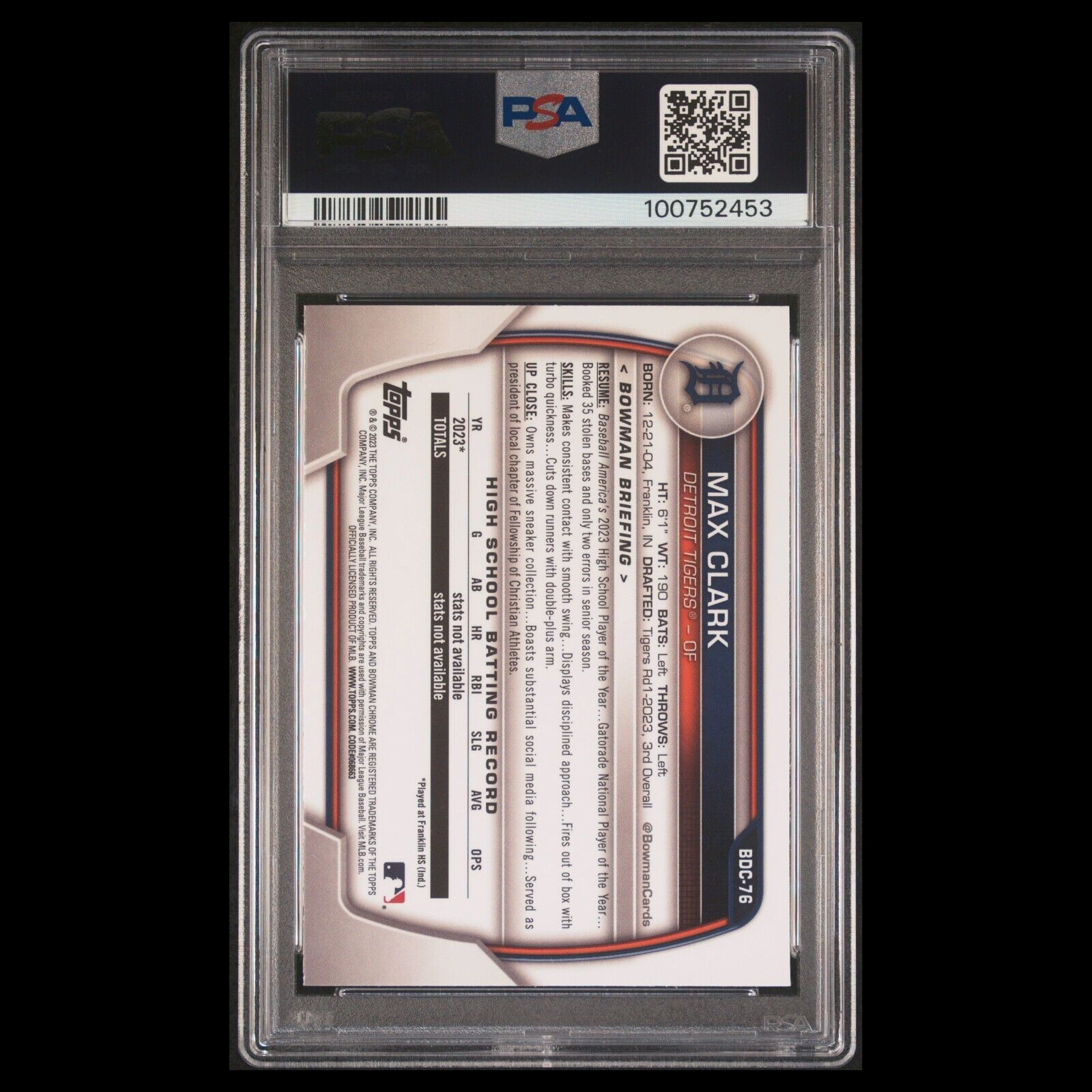 2023 Bowman Draft Chrome MAX CLARK 1st SP Sparkle Refractor Rookie RC PSA 10 GEM