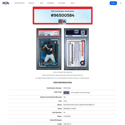 2024 Bowman Chrome LUIS BAEZ Astros SP 1st True Bowman Mojo Refractor RC PSA 10