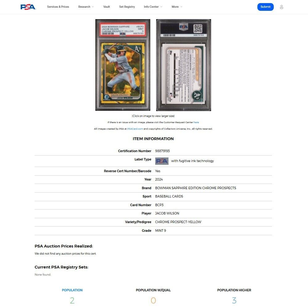 2024 Bowman Chrome Sapphire JACOB WILSON SP Yellow Sapphire Refractor RC PSA 9