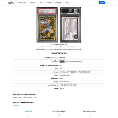 2024 Bowman Chrome Sapphire JACOB WILSON SP Yellow Sapphire Refractor RC PSA 9