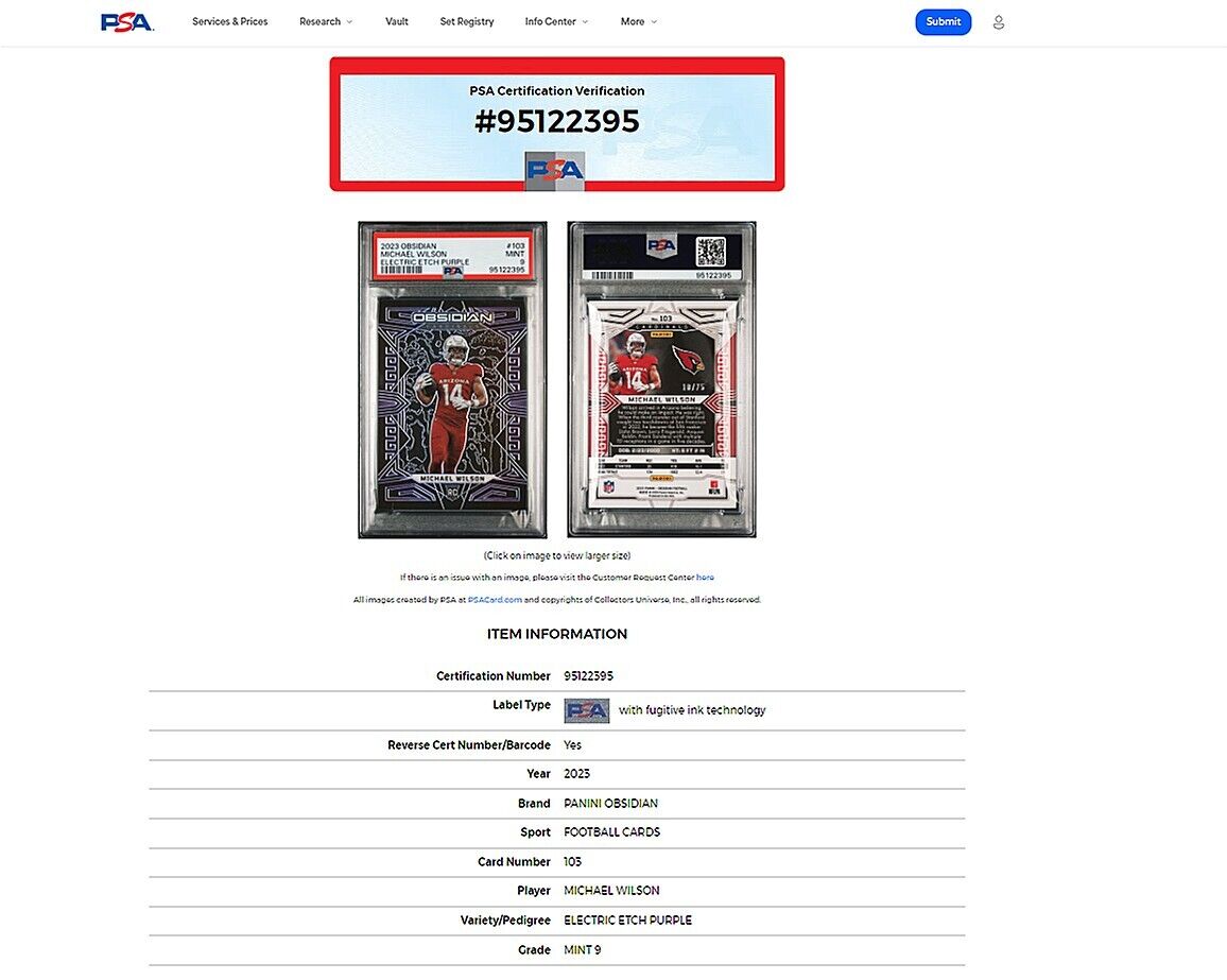 2023 Panini Obsidian MICHAEL WILSON SP Electric Etch Purple RC /75 PSA 9 MINT