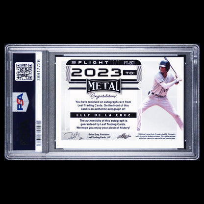 2022 Leaf Metal Flight to 2023 ELLY DE LA CRUZ Red Crystals 1/1 Auto RC PSA 9