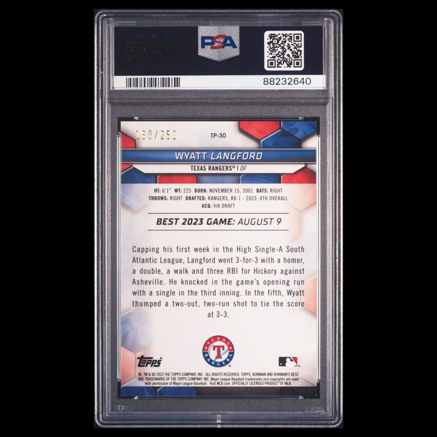 2023 Bowman's Best WYATT LANGFORD SP Purple Refractor Rookie RC /250 PSA 9 MINT